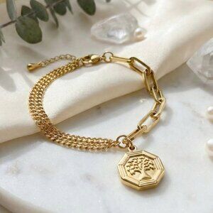 18K Gold Plated Stainless Steel Tree of Life Charm Paperclip Chain Bracelet